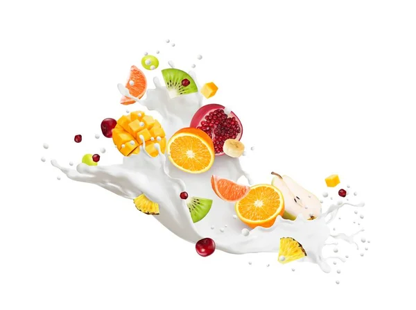 现实的牛奶饮料流淌着浪花和水果 用芒果 猕猴桃 柚子和菠萝与樱桃混合 滴入新鲜的乳酪或乳白色液体 与芒果 猕猴桃 柚子和菠萝进行分离 — 图库矢量图片