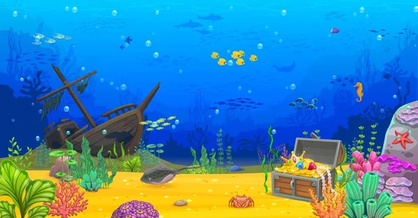 沈没した船と海賊の宝箱 水中海の風景 アーケードゲームのレベルベクターの背景 青い水波 魚のシュラル イルカ ストリングレイが付いている熱帯海洋のサンゴ礁の底 — ストックベクタ