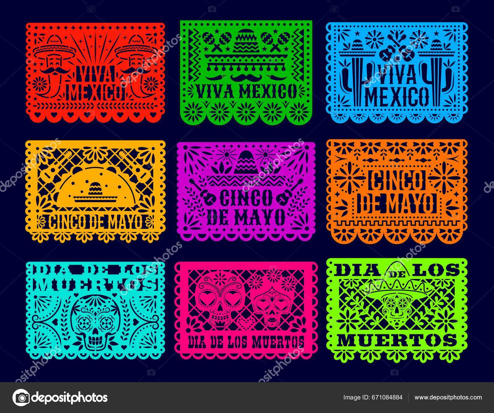 피카도 멕시코 무르토스 배너의 레이저 템플릿 두개골 후추와 전통적인 멕시코 스톡 벡터 - ©Seamartini 671084884, image size:1600x1338