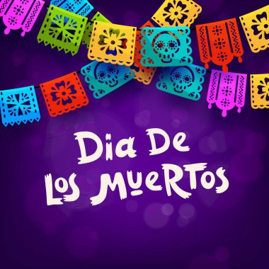 Ölü dia de los muertos Meksika bayram afişi kağıt kesikli picado bayrakları zarifçe asılı renkli desenler sergiliyor. Vector tebrik kartı, Meksika 'da sevdiklerinin onuruna.