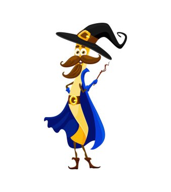 Çizgi film cadılar bayramı uovo makarna sihirbazı karakteri. Büyücü, büyücü ya da büyücü İtalyan erişte yemeği sevimli vektör karakter. Sihirbaz Uovo makarna mutlu maskot ya da sihirli değneği olan komik kişi