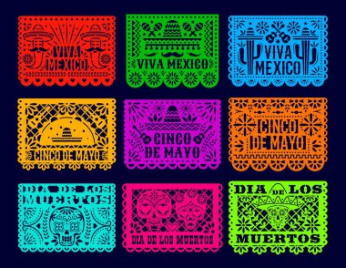 Papel picado Mexico dia de los muertos bayrak bayrağı, ölü kağıt kesiği bayrak günü. İzole vektör lazer kesim şablonları, çiçek desenli geleneksel Meksika dekorasyonu, kafatasları, biberler