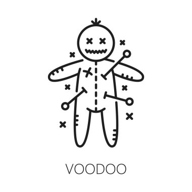 Voodoo büyücülüğü ve sihir ikonu. Gizem, ezoterik, astroloji sembolü. Cadılık nesnesi ya da büyücülük laneti doğrusal vektör sembolü kara büyü ince çizgi simgesi ya da iğne saplı voodoo bebeği ile işaret