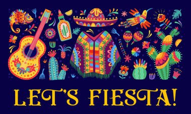 Pançolu, sombrero, tekila, kaktüs ve mariachi gitarlı Meksika fiesta parti afişi. Vector Mexico tatil arka planı sinekkuşu, tropikal çiçekler ve bukalemun, etnik alebrije tarzında