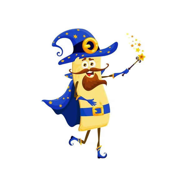 カートゥーンハロウィーン ラザニア パスタ マージ キャラクター ウォーロック 魔術師または魔術師 魔法の杖の漫画ベクターの人格を持つイタリアのパスタ ラザニアの食事のマッジ 面白いマスコットまたは帽子と帽子のかわいいキャラクター — ストックベクタ