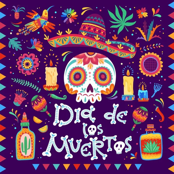 Dia Los Muertos Mexico Bayram Afişi Calavera Şekerli Kafatası Tekila — Stok Vektör