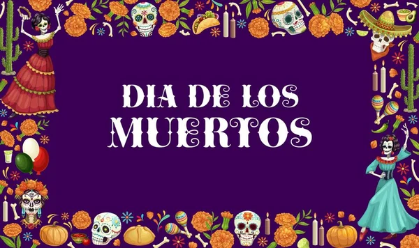 Dia Los Muertos Mexikanisches Feiertagsbanner Mit Totenschädeln Kerzen Ringelblumen Und — Stockvektor