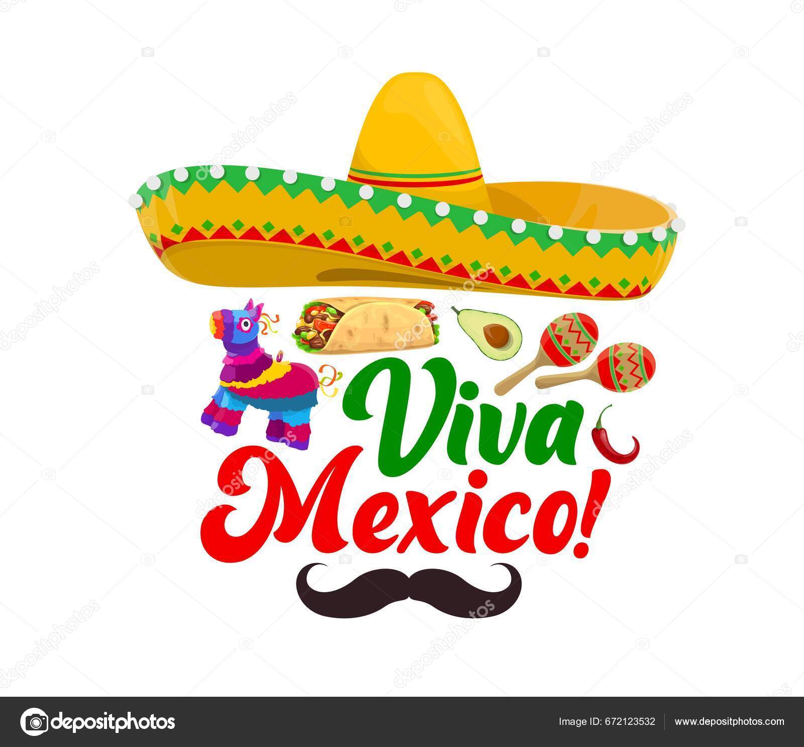 Viva Mexico Banner Mexican Sombrero Pinata Food Moustaches Cartoon Vector  Stock Vector by ©Seamartini 672123532