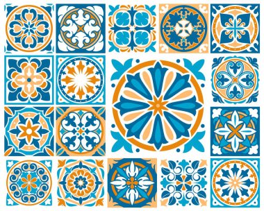 Fas ve Azulejo fayans desenleri. Majolica, Portekizce, İspanyolca ve Meksika seramik seramiklerinin Talavera süsü, mozaik zemin ve duvar. Klasik Akdeniz çiçek deseni veya arabesk motifi
