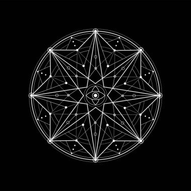 Simya, meditasyon ruhani dövme. Kutsal geometri sihirli pentagram. Okült, yoga, mistik çizgi deseni, illuminati geometrik ana hat vektör ikonu, mason ve meditasyon maneviyatı veya gizemli süsleme