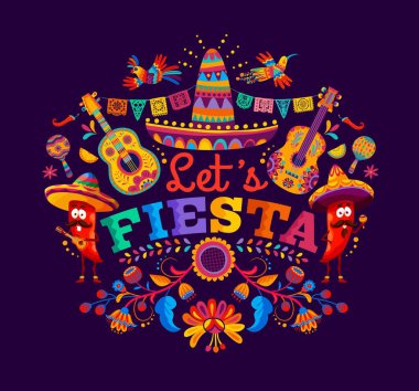 Meksika fiesta partisi afişi, biberli mariachi, sombrero ve gitarlı. Vector Mexico tatil arka planı kuşlar, tropik çiçekler ve jalapeno veya guindilla Latin karakterleri olayı kutluyor