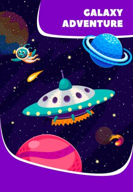 Uzay macerası afişi. UFO uçan daire ve yıldızlı galaksideki komik uzaylı. Evren 'de seyahat eden uzaygemisi ya da uzay gemisiyle evrenleri ve uzak galaksileri keşfeden vektör arkaplan.