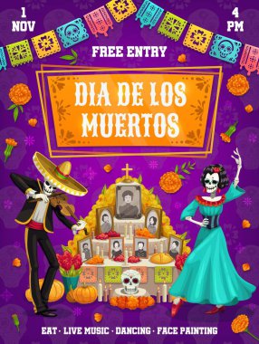 Mexican dia de los muertos holiday flyer. Vector greeting card with Catrina dancer and mariachi musician skeleton perform near the altar with dead ancestor photos, marigold flowers, papel picado flags clipart