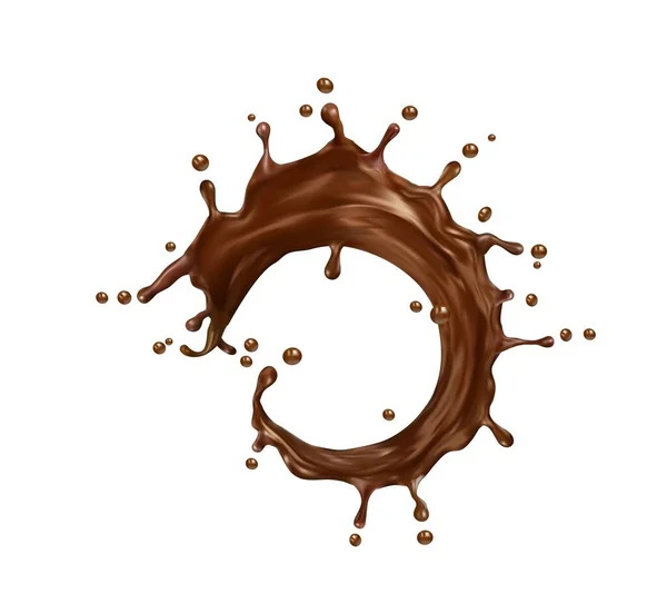 Realistische Flüssige Schokoladenmilch Runden Spritzer Geschmolzener Kakao Oder Kaffeetrinken Wirbeln — Stockvektor