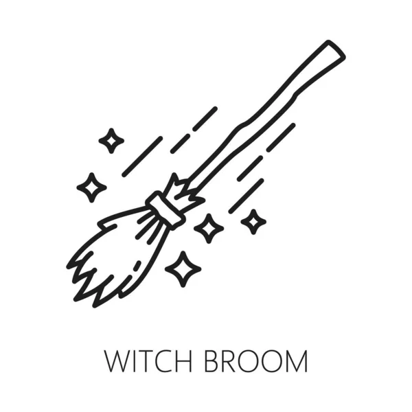 女巫扫帚 巫术和魔法图标 异教徒 占星术 神秘学 魔法道具和魔法道具细线符号 黑色魔法线形矢量符号 带有飞扫帚的神秘图标 — 图库矢量图片