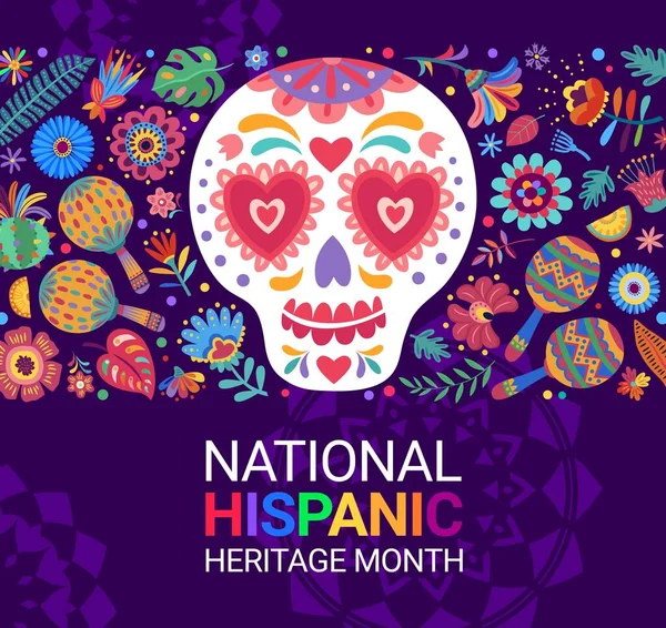Calavera Sugar Skull Tropical Flowers National Hispanic Heritage Month Festival — Stock Vector
