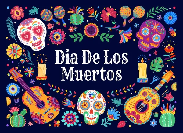 Dia de los muertos Mexico bayram afişi. Kafatası şekerleri, tropikal çiçekler ve gitarlarla birlikte. Calaca başlıklı vektör tebrik kartı, geleneksel Latince müzik aleti, mumlar ve kaktüs.