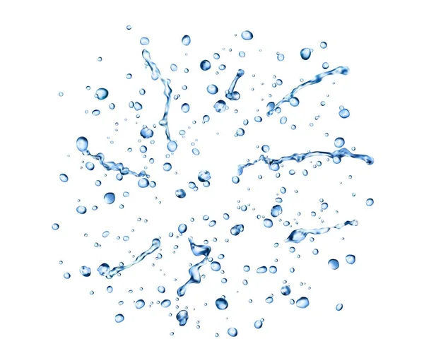 现实的蓝色水滴和飞溅 现实的三维矢量小半透明滴形成时 水凝结或下降 它们闪烁着 紧紧抓住 产生涟漪 使光线清新和反射 — 图库矢量图片