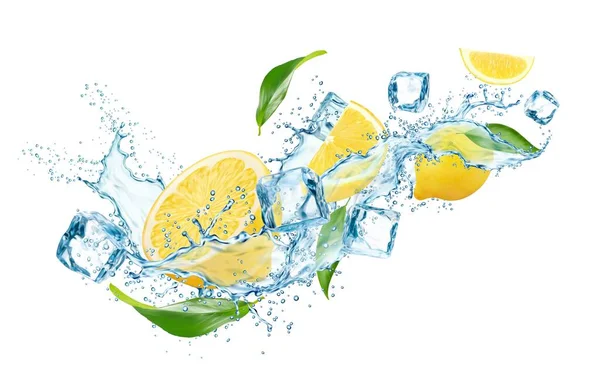 Realistische Zitronenfrucht Mit Grünen Blättern Wasserspritzern Und Eiswürfeln Die Die — Stockvektor