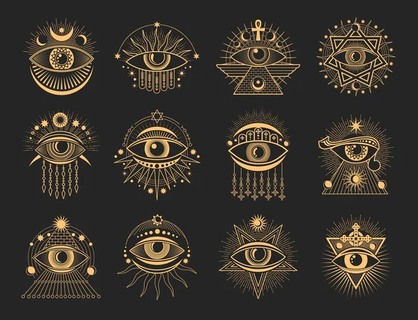 眼睛纹身神秘而深奥的符号 梅森和魔法塔罗牌 荷鲁斯都看得见的眼睛 神奇的塔罗牌纹身 用天眼 金字塔 五芒星设置的神秘病媒符号 — 图库矢量图片
