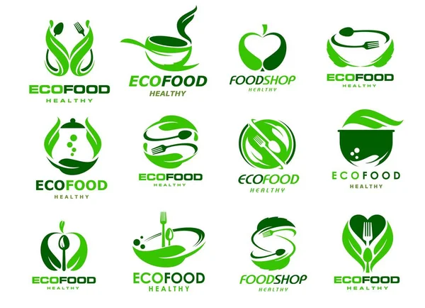 Healthy Organic Eco Food Icons Vegetarian Cuisine Restaurant Signs Vector — Stock Vector
