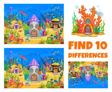 Find ten differences in underwater landscape with houses in shells, vector puzzle worksheet. Ocean home dwellings in sunken boat or treasure pot, kids quiz game to find ten differences in undersea clipart