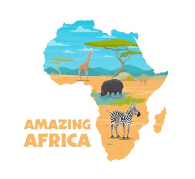 Afrika haritasındaki çizgi filmlerdeki Afrika hayvanları seyahat posterleri, vektör savana arka planı. Safari macerası veya dünya seyahati haritaları için savanada çita jaguarlı Afrika zürafası, zebra ve hipopotam.