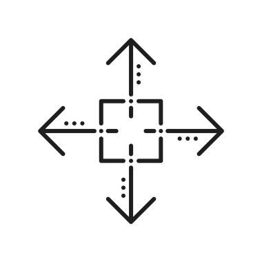 Küçültülmüş boyut, ölçek değiştir, resmi yeniden boyutlandır, tam ekran simgesi. Vektör iş konseptine uygun ölçekte. Büyütme penceresini küçült, ince çizgi