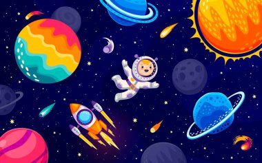 Cartoon astronaut character in outer space, galaxy planets and flying starship. Little boy cosmonaut exploring the vast expanse of the universe, floats among planets and encounters majestic shuttle clipart