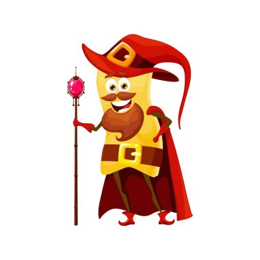 Cadılar Bayramı karikatürü Korte tagliatelle makarna sihirbazı karakteri. İtalyan mutfak gurmesi izole edilmiş vektör büyücü kişiliği. İtalyan Lokantası Erişte Büyücüsü Neşeli Maskot veya sihirli değnekli makarna Büyücüsü