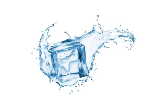 スワール水スプラッシュ アイスキューブ 小さな滴 ベクター3D冷たい飲み物やカクテル 透明な青い氷の結晶 凍結されたブロックまたは立方体 波および泡が付いている氷の液体が付いている現実的な新鮮な水波 — ストックベクタ