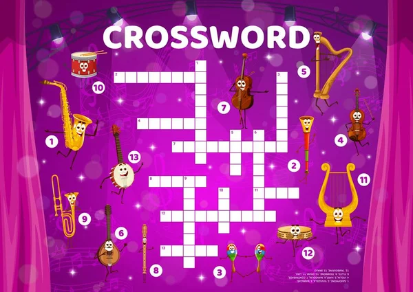 Crossword Quiz Game Grid Musical Instruments Vocabulary Riddle Crossword Wordsearch — Stock Vector