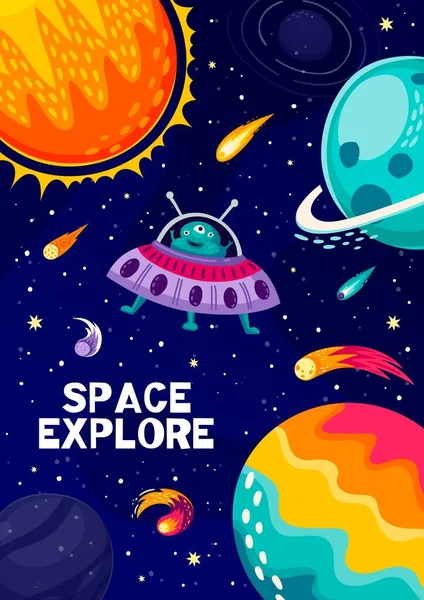 Cartoon Space Landscape Poster Ufo Alien Planets Galaxy Sky Vector — Stock Vector