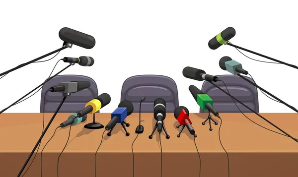 Press Conference Table Microphones Interior Live Broadcast Interview Public Speaker — Stock Vector