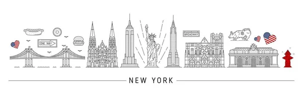Silueta New Yorku Usa Cestovní Památky Vektorové Tenké Linie Socha — Stockový vektor