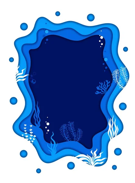Moldura Corte Papel Ondas Azuis Mar Algas Subaquáticas Natureza Marinha — Vetor de Stock