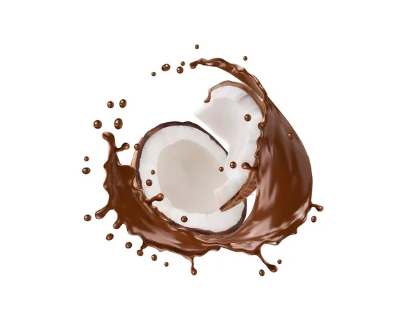 现实的椰子和巧克力牛奶飞溅的浪花与飞溅 病媒饮料和甜点食品 3D热巧克力 可可和巧克力奶昔饮料与热带椰子水果的一半 — 图库矢量图片
