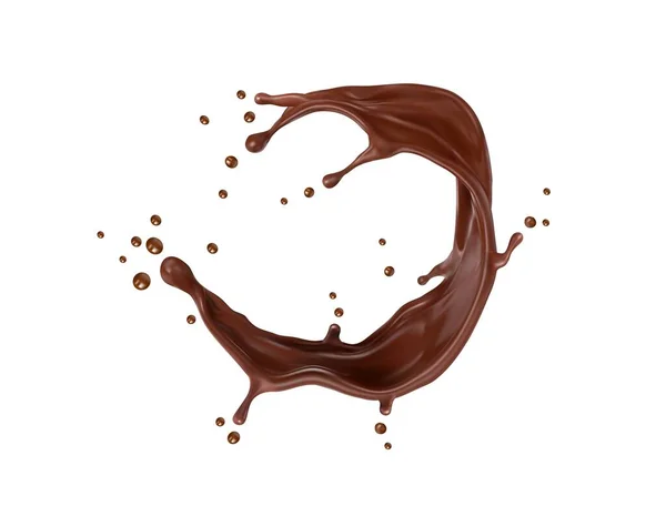 实际巧克力旋涡 旋风和飞溅与飞溅 病媒3D可可牛奶饮料和巧克力甜点食物 热巧克力 酱汁或融化的巧克力糖波与深褐色水滴 — 图库矢量图片