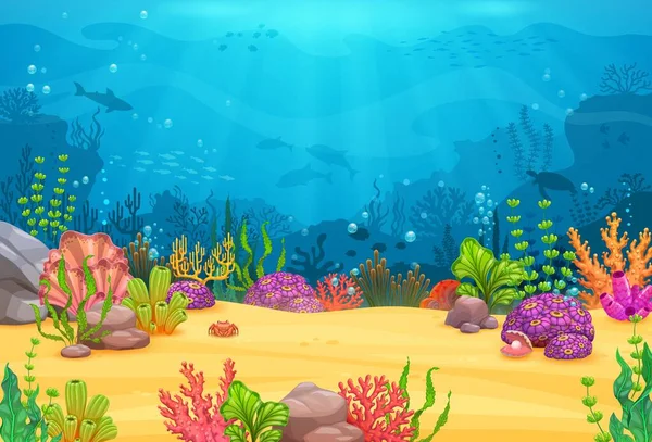 Spiel Ebene Unterwasserlandschaft Mit Meeres Oder Ozeanfischen Und Tieren Vektor — Stockvektor