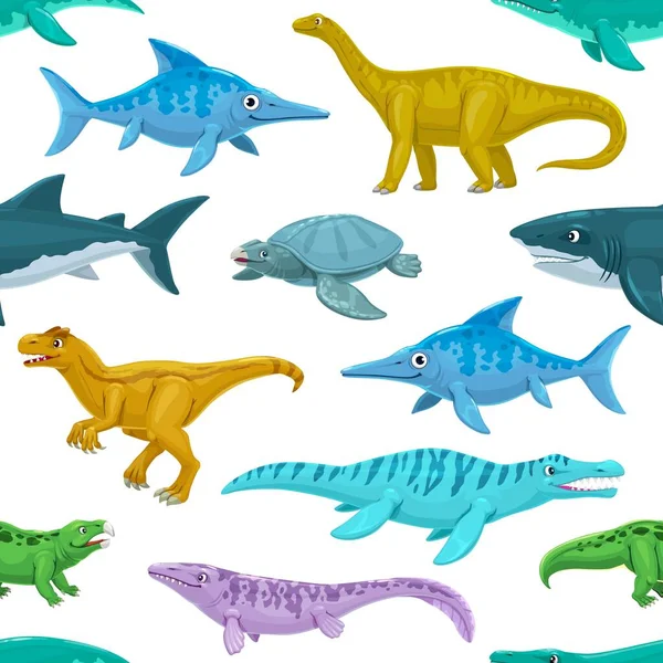 Cartoon reptile, dinosaur animal characters seamless pattern. Wrapping paper or textile vector print with Hyperodapedon, Vulcanodon, Megalodon and Ophthalmosaurus, Liopleurodon, Archelon cute dinosaur
