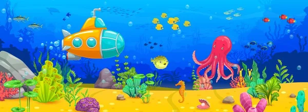 Zeichentrickkraken Boot Und Fischschwärme Auf Unterwasser Vektorhintergrund Niedliche Meerestiere Boden — Stockvektor