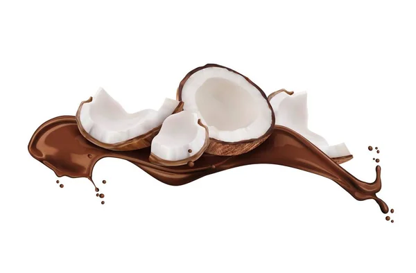 巧克力牛奶流与椰子一起用于甜食或巧克力饮料 现实的病媒背景 可可豆或牛奶巧克力中的椰子 用水滴制成奶昔 冰淇淋或甜食 — 图库矢量图片
