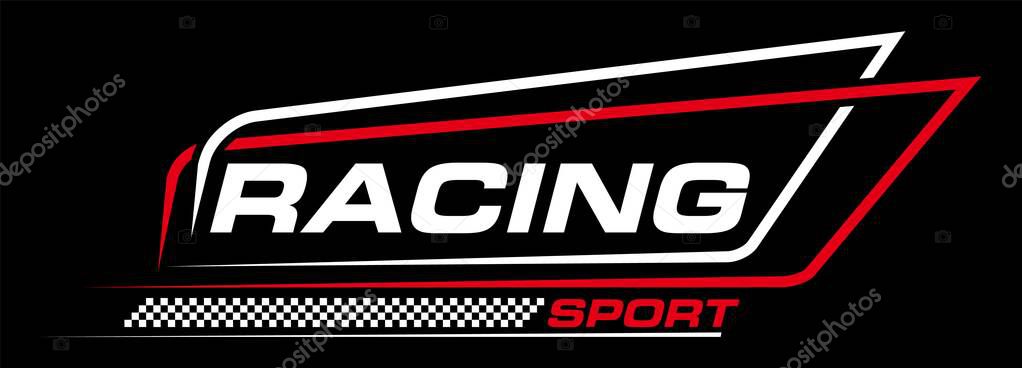 Racing sport background, car race checkered flag and stripe line decals on clothing, t-shirt print. Vector motor vehicle speed racing sticker