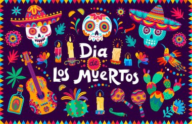 Ölü dia de los muertos Mexico bayram bayrağı, sombrero, tropikal çiçekler ve müzik enstrümanlarıyla birlikte. Calaca başlıklı vektör tebrik kartı, çizgi film alebrije tarzı