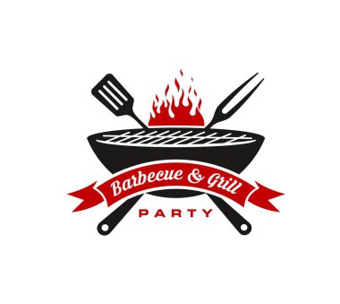 Bbq ızgara ikonu, parti kutlaması için izole vektör amblemi. Siyah ve kırmızı etiketli dökme demir kazan ızgara, ateş, spatula ve çatalla. Yemek pişirme, barbekü, piknik yemekleri ve doğada eğlence.