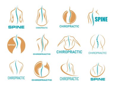 Kayropraktik tıp ikonları, fizyoterapi, omurga ağrısı, vücut sağlığı masajı, vektör sembolleri. Kayropraktik terapi ya da fizyoterapi kliniği ve osteopatik kiropraktör merkezi amblemleri seti