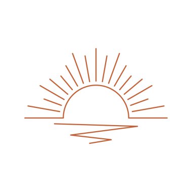 Vektör lineer boho geometrik güneş ışığı, güneş logosu tasarım şablonu, bohem gün doğumu veya günbatımı ikonu. Soyut parlayan güneş retro tarzında
