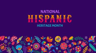 National hispanic heritage month flyer with tropical flowers pattern. Festival banner with alebrije plants. Vector event announcement for celebrating annual hispanic traditional festival clipart
