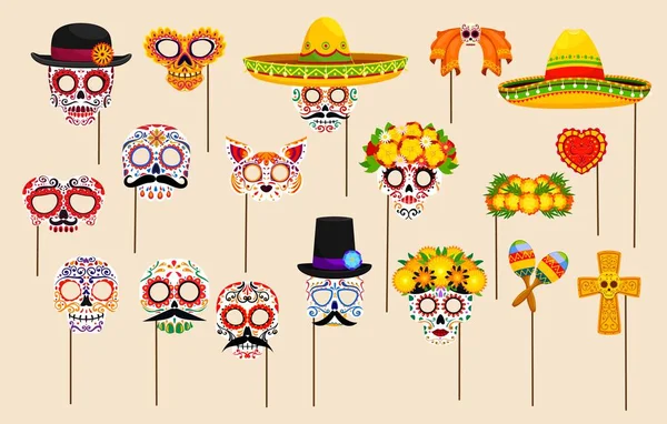 Mexican Dead Day Photo Booth Masks Props Dia Los Muertos — Stock Vector