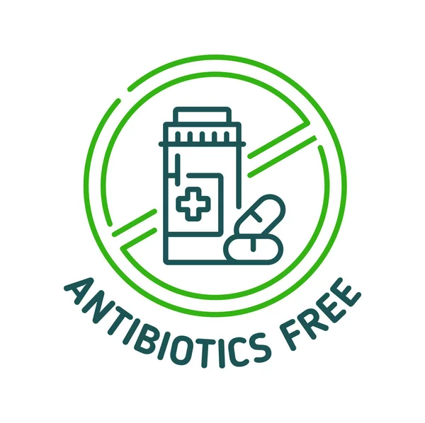 抗生物質フリーアイコンとサイン 認定された品質製品には 抗生物質ラインベクターサインなしで医薬品 農業ファームバイオ安全保証が含まれています 健康的な栄養 ピクトグラムを丸薬で最小限に — ストックベクタ